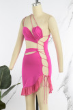 Rose Red Sexy Solid Bandage Uitgehold Backless Spaghetti Strap Sleeveless Dress Jurken