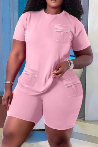 Pink Casual Solid Patchwork Pocket O Neck Short Sleeve Two Pieces