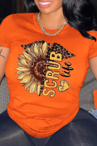 Orange T-Shirts mit Patchwork-O-Ausschnitt und Vintage-Print
