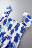 Blue Casual Print Patchwork Off the Shoulder Long Dress Plus Size Dresses