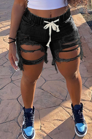 Black Street Print Patchwork High Waist Distressed Ripped Denim Shorts