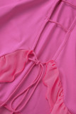 Rose Red Sexy Solid Bandage Uitgehold Backless Spaghetti Strap Sleeveless Dress Jurken