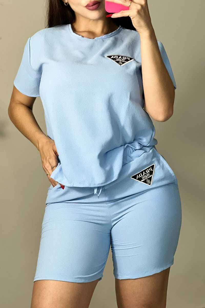 

Baby Blue Casual Letter Embroidered O Neck Short Sleeve Two Pieces