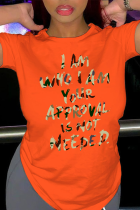 Magliette casual arancioni con stampa quotidiana patchwork lettera O collo