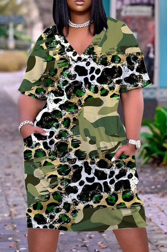 Army Green Casual Print Patchwork Basic V Neck Short Sleeve Dress