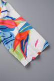 Pauwblauwe casual print patchwork gevouwen kraag A-lijn grote maten jurken