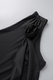 Черный сексуальный пэчворк с кисточками и контрастным косым воротником без рукавов из двух частей