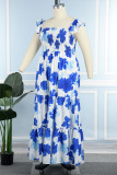 Blue Casual Print Patchwork Off the Shoulder Long Dress Plus Size Dresses