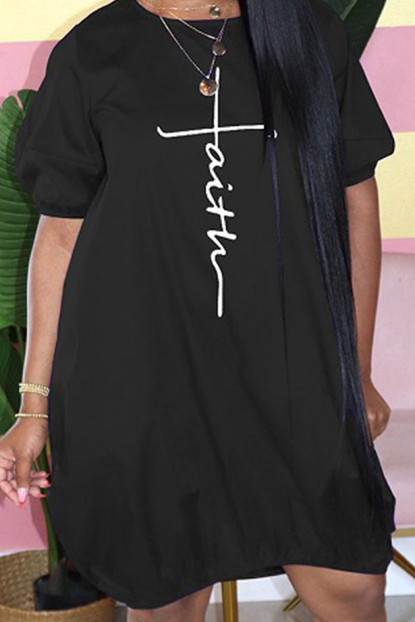 Falda de farol con cuello en O de patchwork con estampado casual negro Vestidos de talla grande