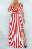 Rode sexy gestreepte print patchwork gleuf V-hals A-lijn jurken