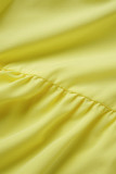 Robes de grande taille jaune décontracté solide patchwork col rabattu gâteau jupe