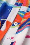 Pauwblauwe casual print patchwork gevouwen kraag A-lijn grote maten jurken