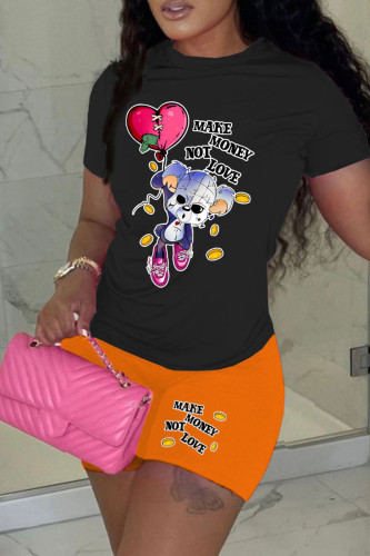 Orange Casual Print Patchwork O Neck Short Sleeve Two Pieces
