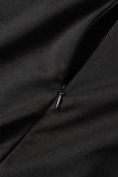 Patchwork sólido casual negro con cinturón con cuello en V Vestidos