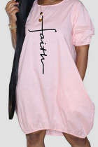 Falda de farol con cuello en O de patchwork con estampado casual rosa Vestidos de talla grande