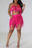 Rose Red Sexy Solid Tassel Hollowed Out See-through Backless Halter Sleeveless Two Pieces