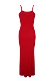 Красное сексуальное однотонное длинное платье на тонких бретельках Платья