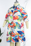 Peacock Blue Casual Print Patchwork Fold Turndown Collar A Line Plus Size Dresses