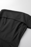 Zwarte sexy effen patchwork asymmetrische schuine kraag lange jurkjurken