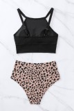 Black Sexy Print Leopard Patchwork Backless Swimwears (With Paddings)