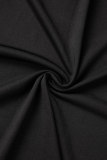 Macacão preto casual sólido com decote em V manga comprida plus size