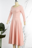 Розовые повседневные элегантные однотонные платья в стиле пэчворк с круглым вырезом