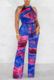 Blaue, sexy bedruckte Patchwork-Jumpsuits mit O-Ausschnitt und geradem Schnitt
