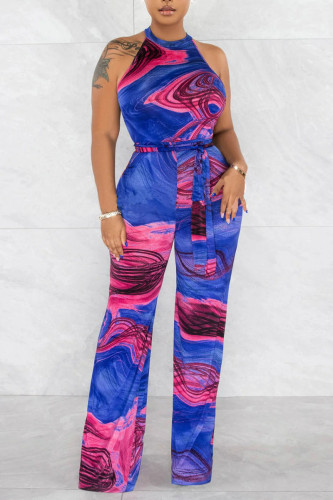 Blue Sexy Print Patchwork O Neck Straight Jumpsuits