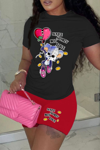 Red Casual Print Patchwork O Neck Short Sleeve Two Pieces