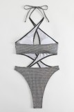 Silver Sexy Solid Bandage Hollowed Out Backless Swimwears (With Paddings)