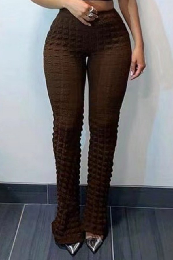 Pantalones casuales sólidos básicos regulares de cintura alta de color sólido convencional marrón