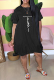Black Casual Print Patchwork O Neck Lantern Skirt Plus Size Dresses
