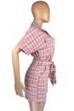 Pink Casual Plaid Print Patchwork Shirt Collar Short Sleeve Two Pieces