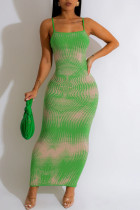 グリーンセクシープリントパッチワークスパゲッティストラップペンシルスカートドレス