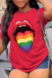 Oranje Casual Street Lips bedrukte patchwork T-shirts met O-hals