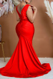 Красное сексуальное вечернее платье в стиле пэчворк с V-образным вырезом