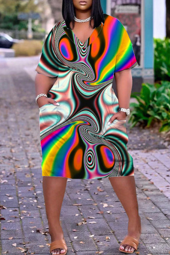 Multicolor Casual Print Patchwork Basic V Neck Short Sleeve Dress