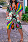 Vestido de manga corta con cuello en V básico de patchwork con estampado casual multicolor