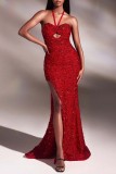 Rote sexy formelle Patchwork-Abendkleider mit ausgehöhlten Pailletten, rückenfrei, Schlitz und Neckholder
