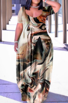 Темно-хаки Повседневное платье с принтом Базовое платье с V-образным вырезом и короткими рукавами Платья