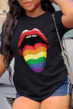 Grijze casual Street Lips bedrukte T-shirts met O-hals en patchwork