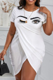 White Khaki Casual Print Patchwork Asymmetrical O Neck One Step Skirt Dresses