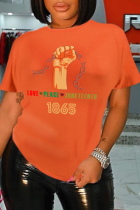 Оранжевые повседневные футболки с круглым вырезом в стиле пэчворк с винтажным принтом