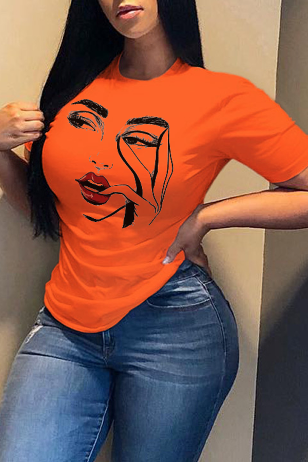 Oranje Casual Street Print Patchwork T-shirts met O-hals