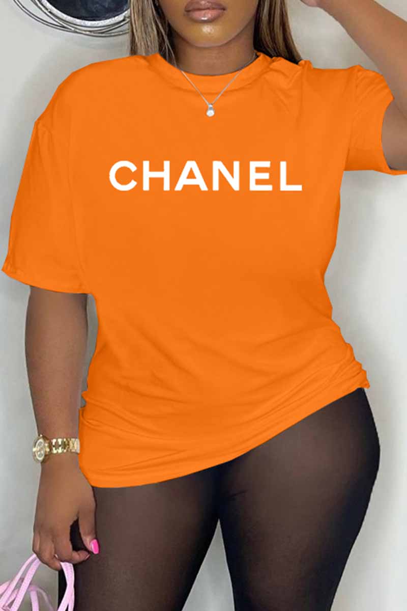 

Orange Casual Print Letter O Neck T-Shirts