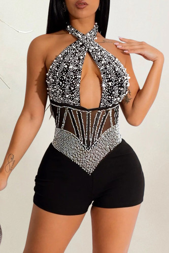 Black Sexy Patchwork Hot Drilling Hollowed Out Backless Halter Skinny Romper