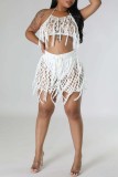 Khaki Sexy Solid Tassel Hollowed Out See-through Backless Halter Sleeveless Two Pieces