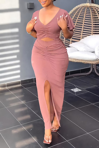 Pink Elegant Solid Patchwork Fold V Neck Short Sleeve Two Pieces