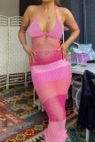 Vestido largo halter de contraste sin espalda transparente de patchwork sexy rosa Vestidos