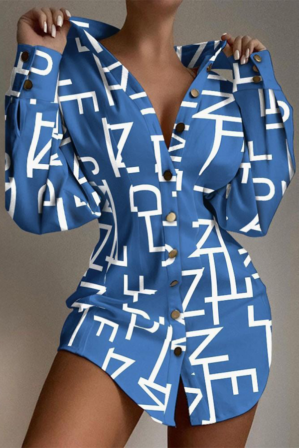 ブルー セクシー カジュアル エレガント プリント ソリッド パッチワーク ボタン シャツ襟 ウエスト スカート ドレス